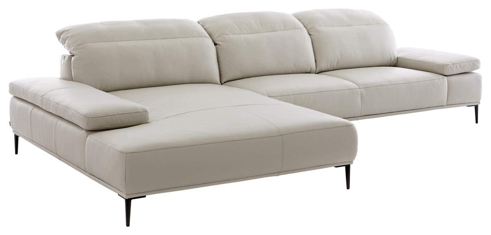 Beige Longchairkombination aus Leder mit drei Sitzplätzen und schwarzen Metallfüßen, seitliche Perspektive
