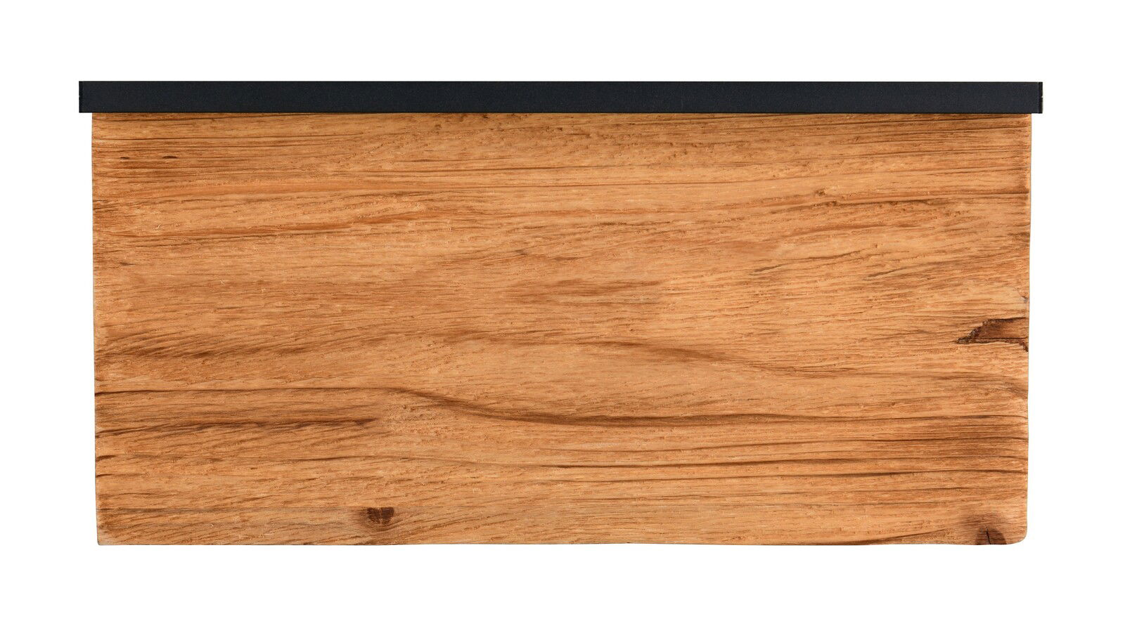 Frontale Ansicht einer Wandleuchte mit Holzoptik und schwarzem oberen Rand.