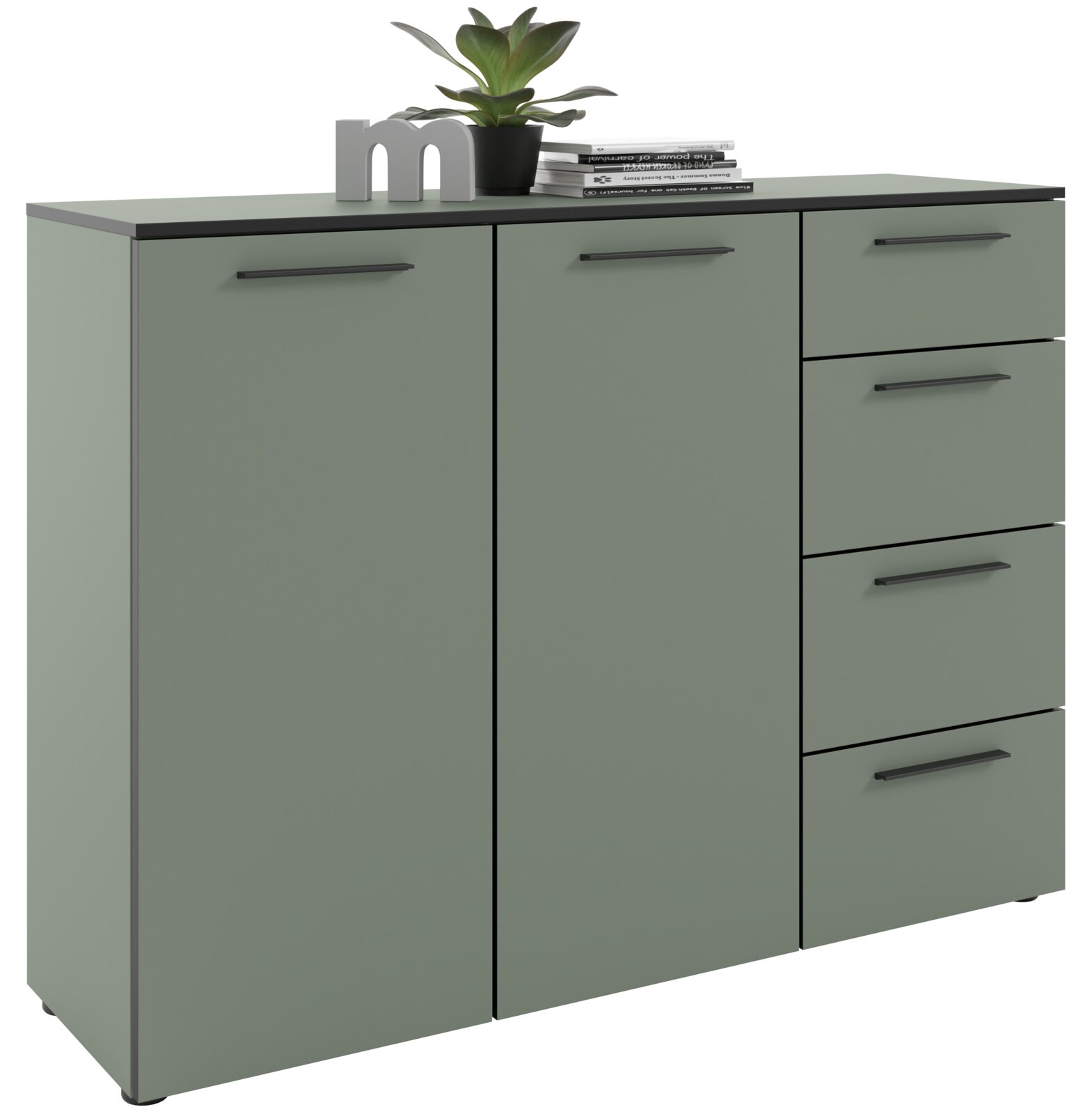 Modernes Sideboard in grauer Farbe mit zwei Türen und vier Schubladen, dekoriert mit einer Pflanze und Büchern, seitliche Perspektive