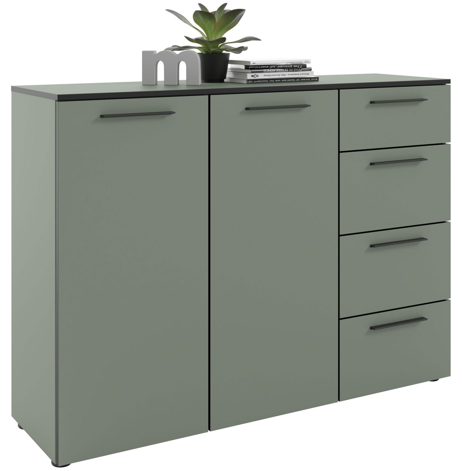 Modernes Sideboard in grauer Farbe mit zwei Türen und vier Schubladen, dekoriert mit einer Pflanze und Büchern, seitliche Perspektive