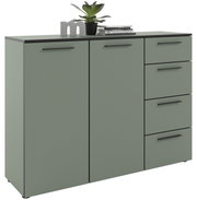 Modernes Sideboard in grauer Farbe mit zwei Türen und vier Schubladen, dekoriert mit einer Pflanze und Büchern, seitliche Perspektive