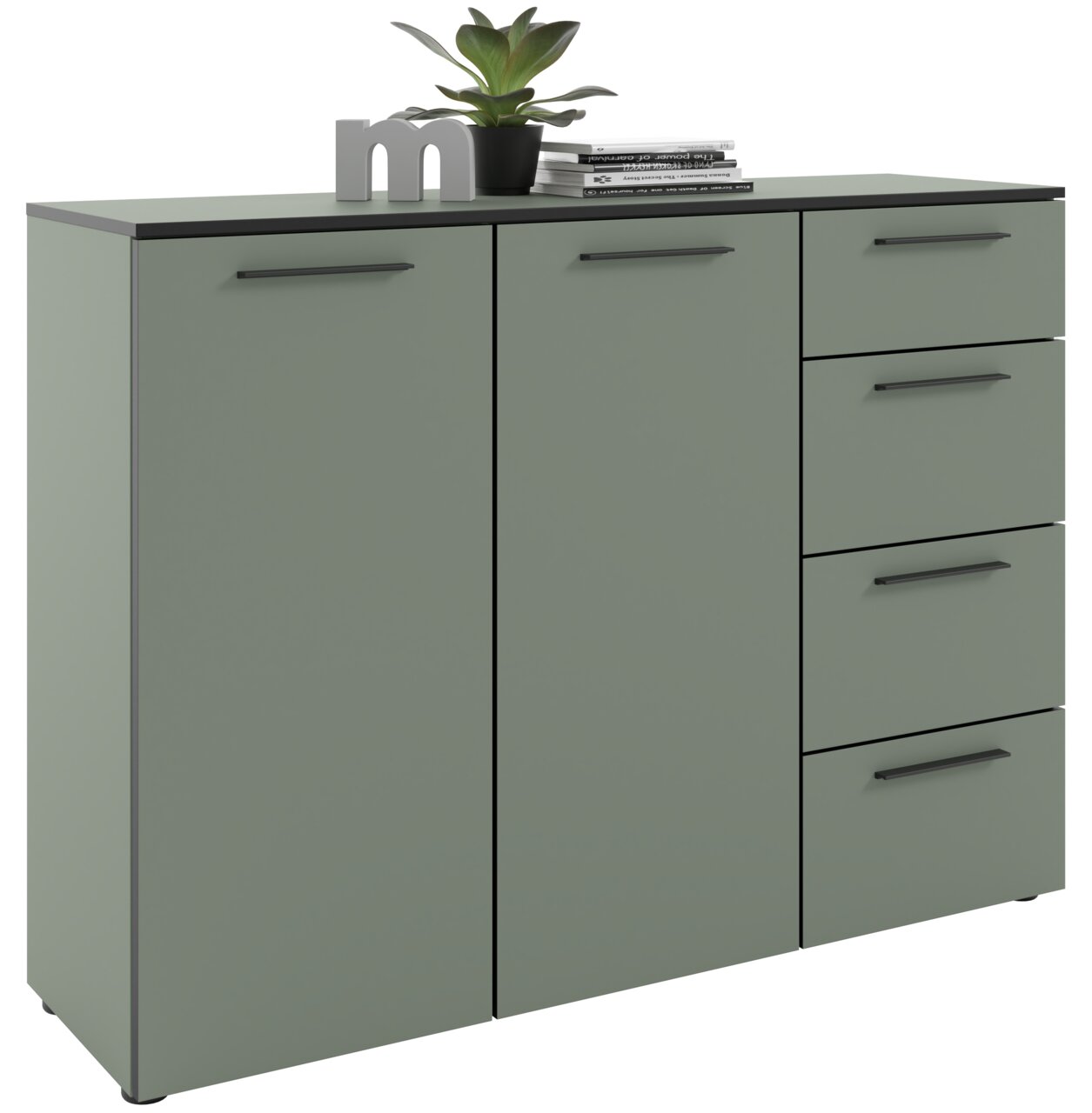 Modernes Sideboard in grauer Farbe mit zwei Türen und vier Schubladen, dekoriert mit einer Pflanze und Büchern, seitliche Perspektive