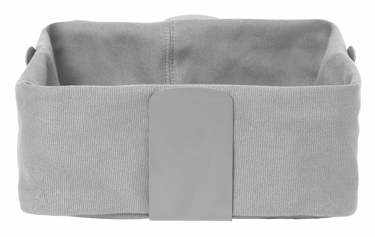 Grauer Brotkorb aus Stoff in Vorderansicht mit rechteckigem Design.