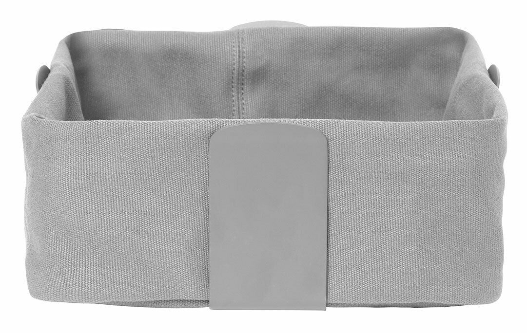 Grauer Brotkorb aus Stoff in Vorderansicht mit rechteckigem Design.