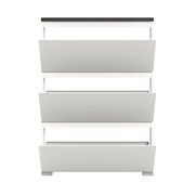 Moderner weißer Schuhschrank mit drei Klappfächern, frontal abgebildet.