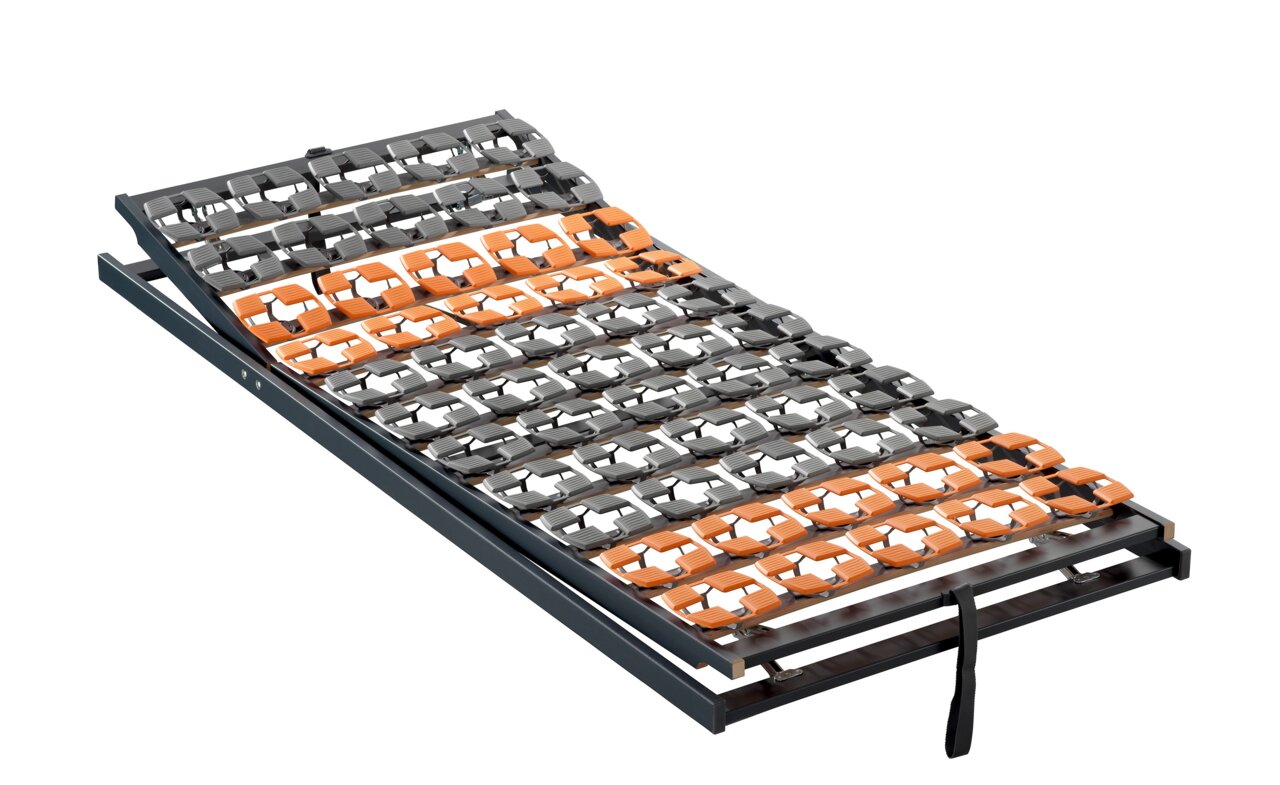 Federholzrahmen Flex KF in seitlicher Perspektive mit verstellbarem Kopfteil und orange-grauen Federleisten.