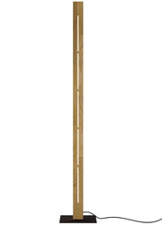 Moderne LED-Stehleuchte aus Holz mit vertikalem Lichtstreifen, frontal betrachtet.