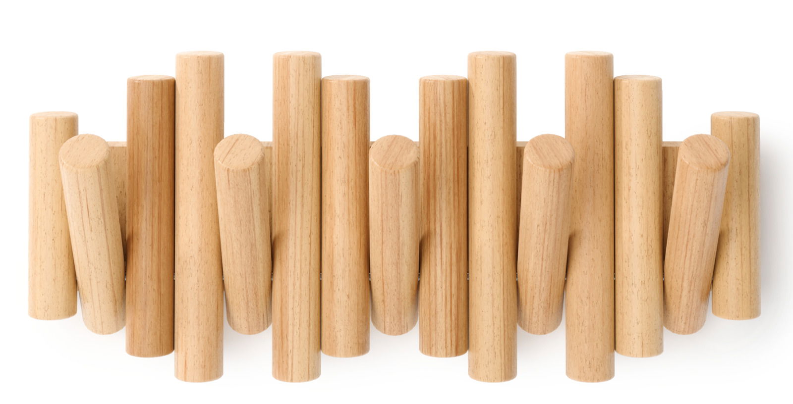 Frontale Ansicht einer modernen Wandgarderobe aus hellem Holz mit mehreren runden Haken in unterschiedlicher Höhe.