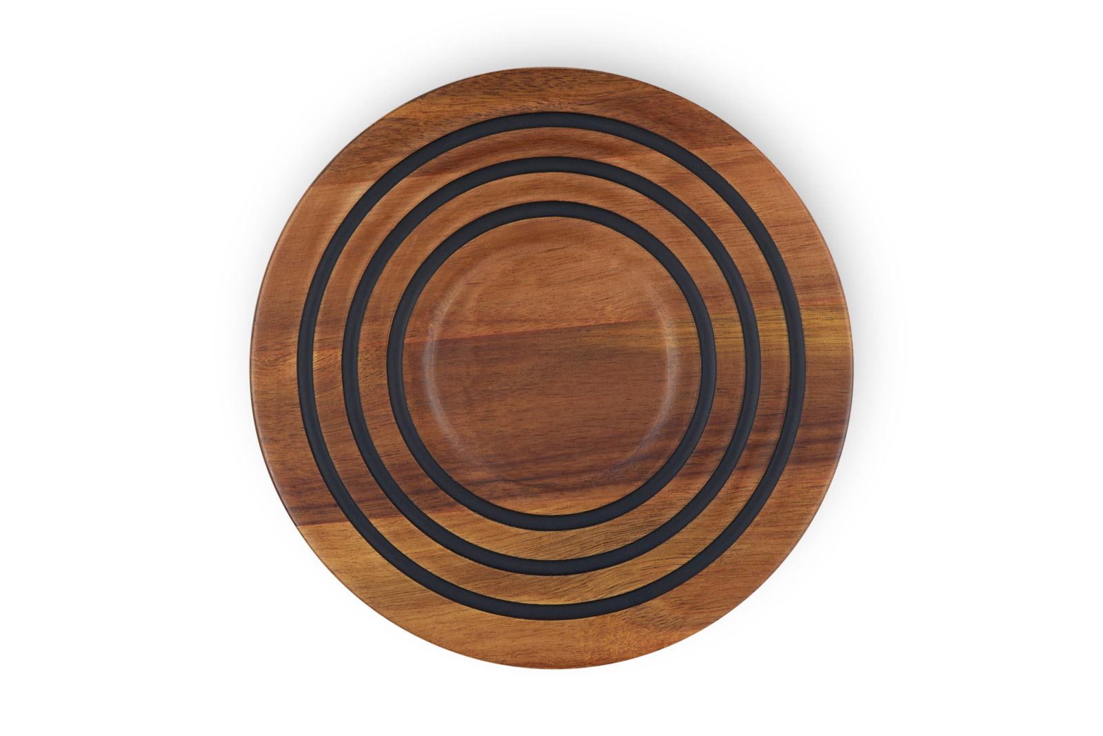 Runder Holzuntersetzer aus Akazienholz mit schwarzen Ringen, Draufsicht