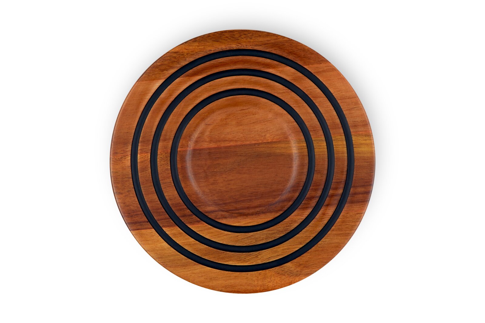 LE CREUSET Holzuntersetzer magnetisch Runder Holzuntersetzer aus Akazienholz mit schwarzen Ringen, Draufsicht