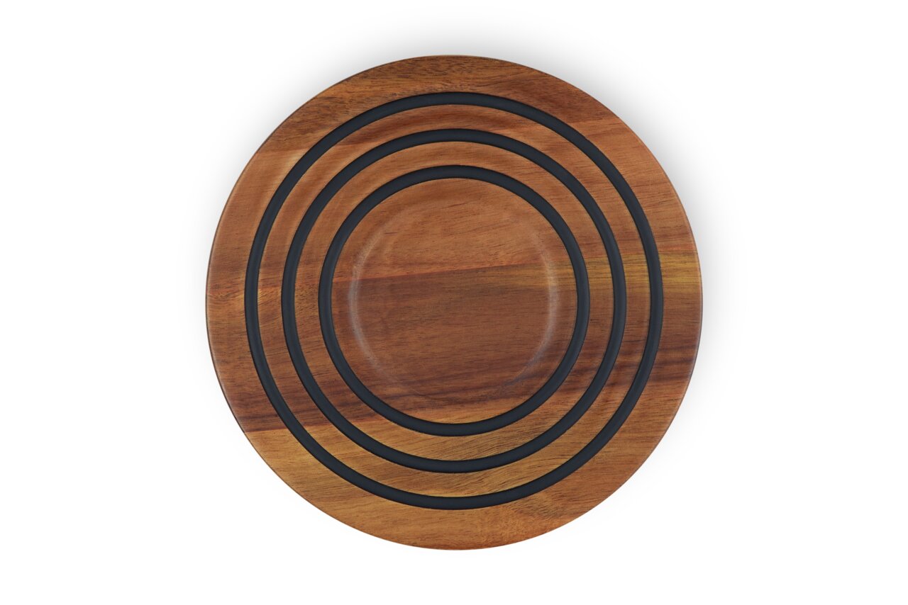 LE CREUSET Holzuntersetzer magnetisch Runder Holzuntersetzer aus Akazienholz mit schwarzen Ringen, Draufsicht