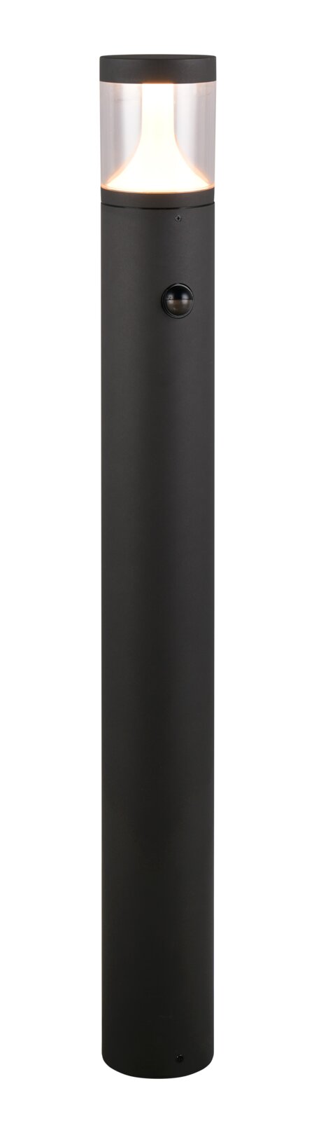 Schwarze LED-Außen-Bodenleuchte mit zylindrischem Design und integriertem Bewegungsmelder, frontal betrachtet.