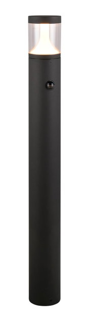 Zwarte LED-buitenvloerlamp met cilindrisch ontwerp en ingebouwde bewegingsmelder, gezien vanaf de voorkant.
