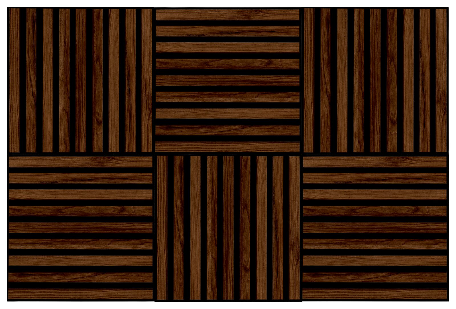 Dekoratives Paneel-Set aus Holz mit sechs quadratischen Elementen in verschiedenen Richtungen, Draufsicht.