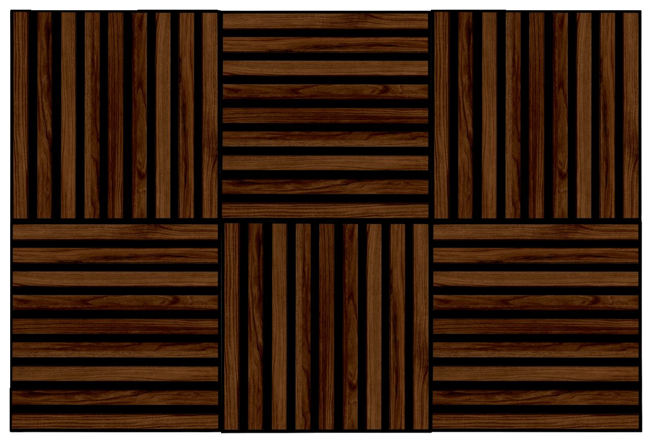 Dekoratives Paneel-Set aus Holz mit sechs quadratischen Elementen in verschiedenen Richtungen, Draufsicht.