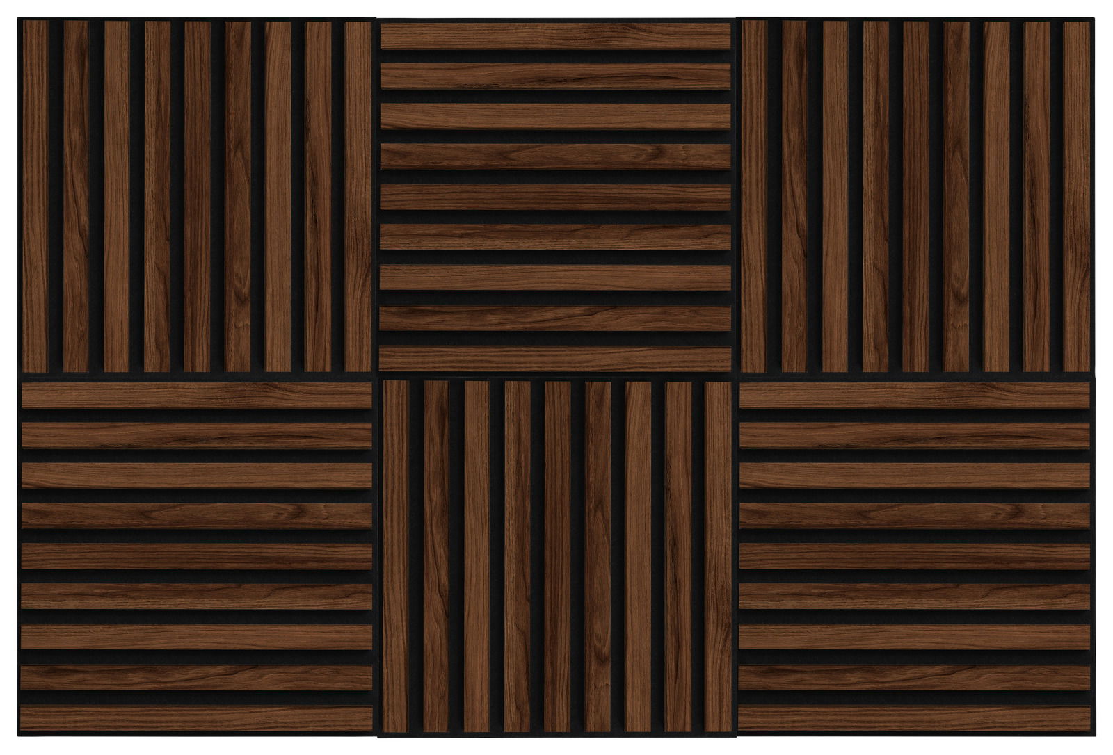 Dekoratives Paneel-Set aus Holz mit sechs quadratischen Elementen in verschiedenen Richtungen, Draufsicht.