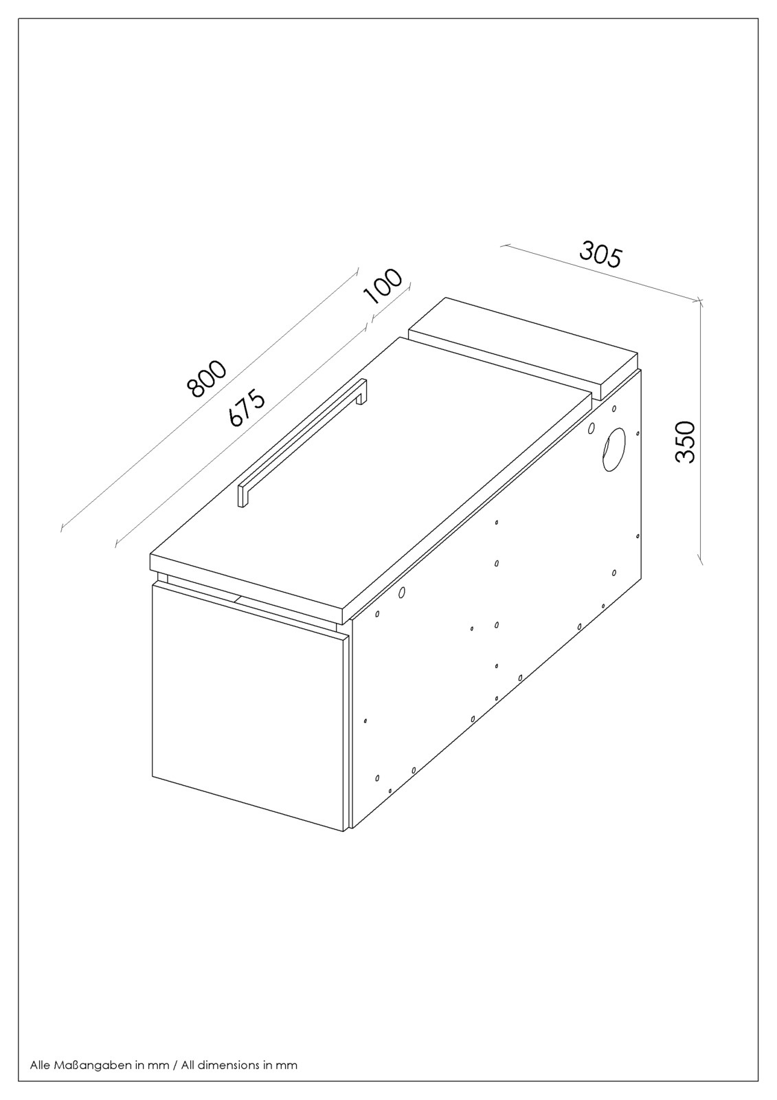 Isometrische Zeichnung einer Towerunit (Container) mit den Maßen 800 mm x 305 mm x 350 mm, seitliche Ansicht.