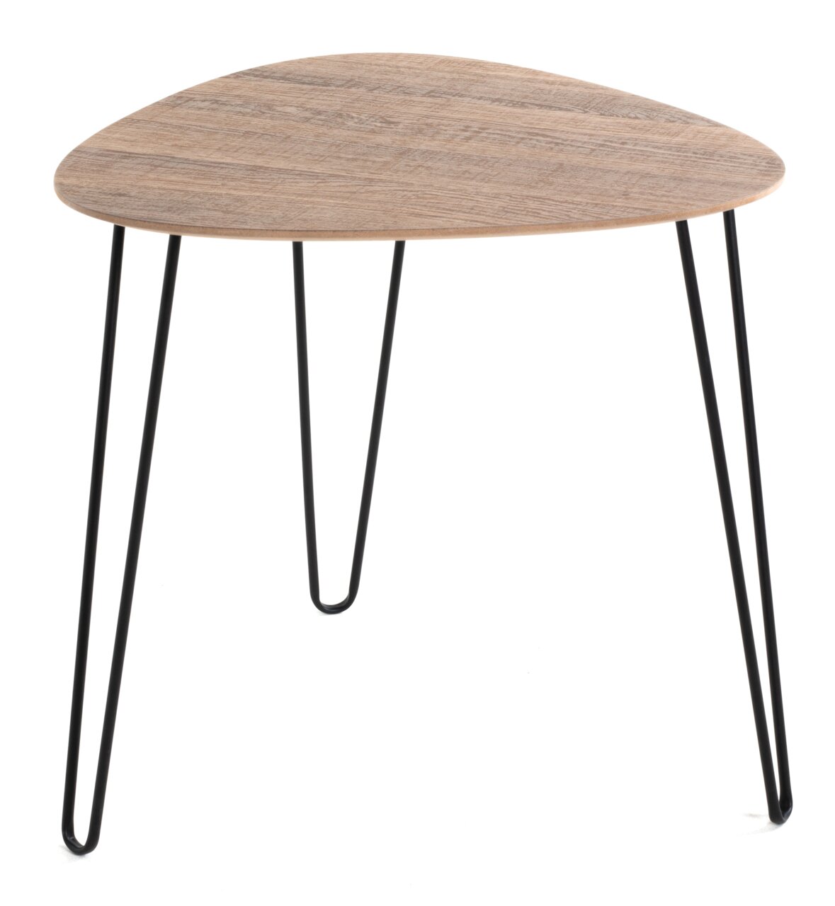 Zurbrüggen Beistelltisch klein Kleiner Beistelltisch mit dreieckiger Holzplatte und schwarzen Metallbeinen, seitliche Perspektive