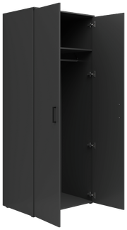 Schwarzer Mehrzweck-Kleiderschrank mit zwei offenen Türen, Innenansicht mit Kleiderstange und Regalboden, Perspektive von vorne links