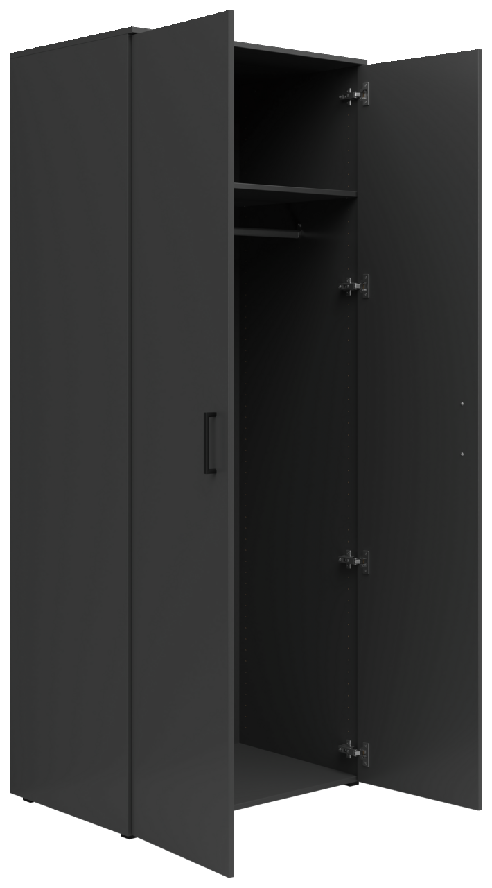 Schwarzer Mehrzweck-Kleiderschrank mit zwei offenen Türen, Innenansicht mit Kleiderstange und Regalboden, Perspektive von vorne links