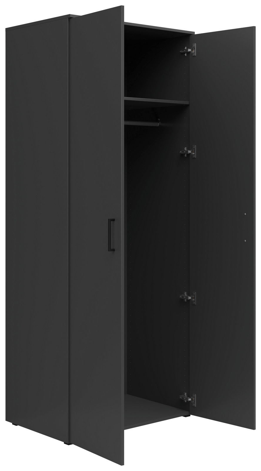 Schwarzer Mehrzweck-Kleiderschrank mit zwei offenen Türen, Innenansicht mit Kleiderstange und Regalboden, Perspektive von vorne links