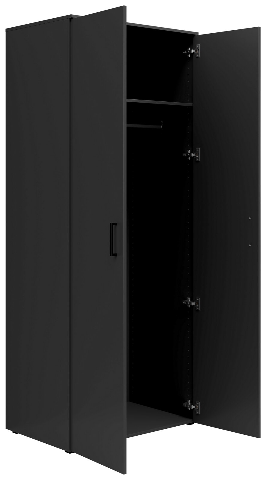 Schwarzer Mehrzweck-Kleiderschrank mit zwei offenen Türen, Innenansicht mit Kleiderstange und Regalboden, Perspektive von vorne links