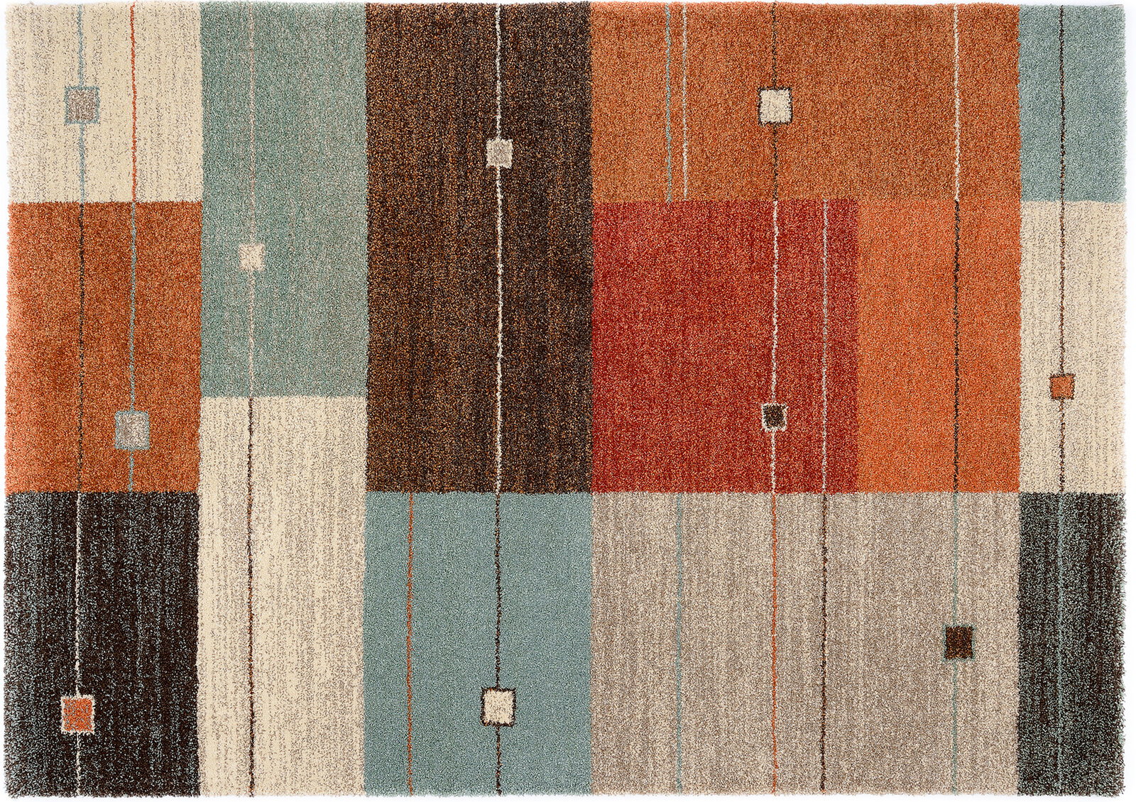 Frisé-Teppich mit geometrischem Muster in Rot-, Braun- und Beigetönen, Draufsicht