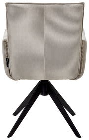 Rückansicht eines Armlehnstuhls mit gestreiftem Stoffbezug und schwarzem Metallgestell.