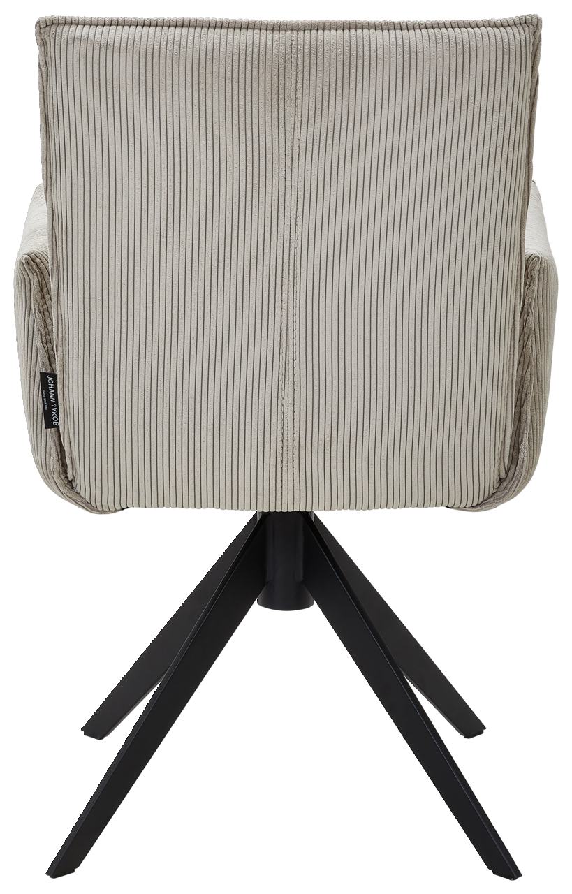 Johann Jakob Armlehnstuhl CALAS Rückansicht eines Armlehnstuhls mit gestreiftem Stoffbezug und schwarzem Metallgestell.