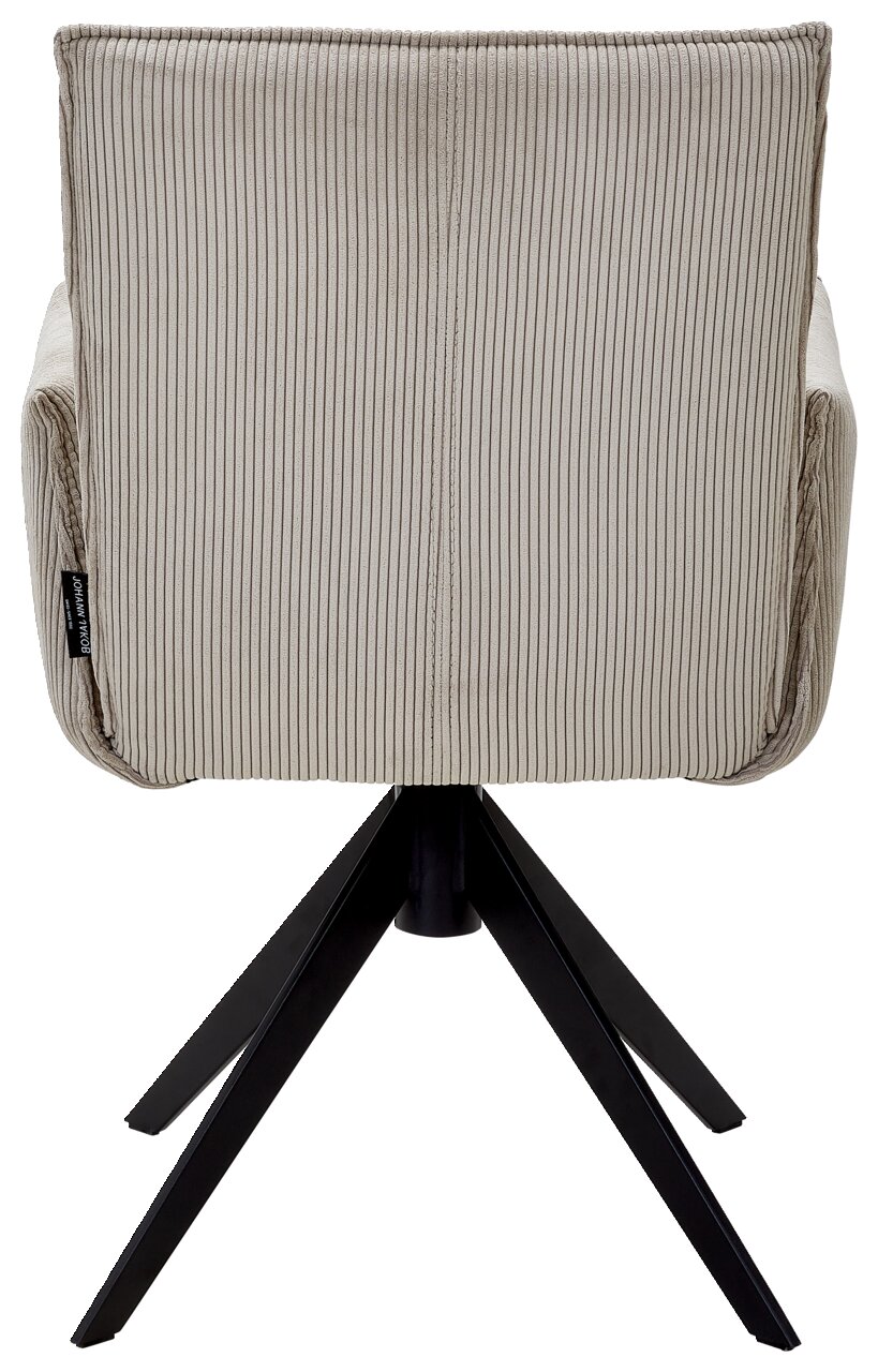 Johann Jakob Armlehnstuhl CALAS Rückansicht eines Armlehnstuhls mit gestreiftem Stoffbezug und schwarzem Metallgestell.