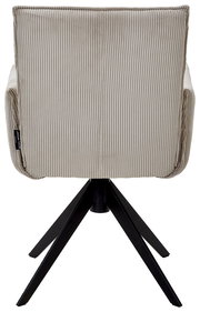 Rückansicht eines Armlehnstuhls mit gestreiftem Stoffbezug und schwarzem Metallgestell.