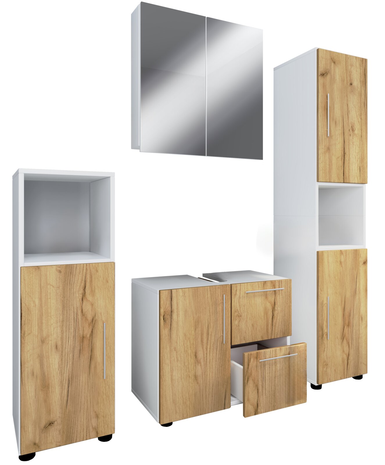 VCM 4-tlg. Badset FLANDU Badmöbel-Set in Weiß mit Holzoptik-Fronten, bestehend aus Spiegelschrank, Hochschrank, Unterschrank und Seitenschrank mit Metallgriffen, in frontaler Perspektive freigestellt auf weißem Hintergrund