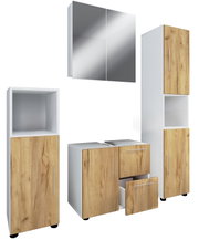 Badmöbel-Set in Weiß mit Holzoptik-Fronten, bestehend aus Spiegelschrank, Hochschrank, Unterschrank und Seitenschrank mit Metallgriffen, in frontaler Perspektive freigestellt auf weißem Hintergrund
