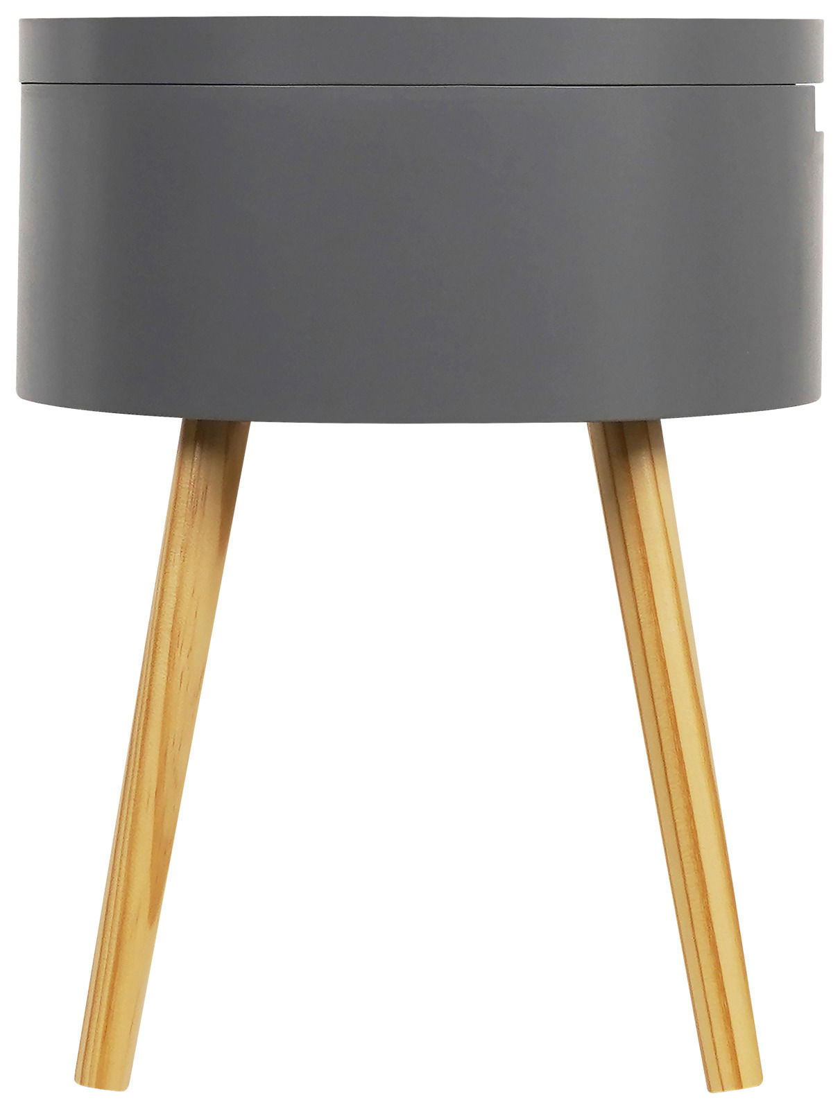 Moderner Beistelltisch mit grauer, runder Tischplatte und drei schrägen Holzbeinen, Frontalansicht