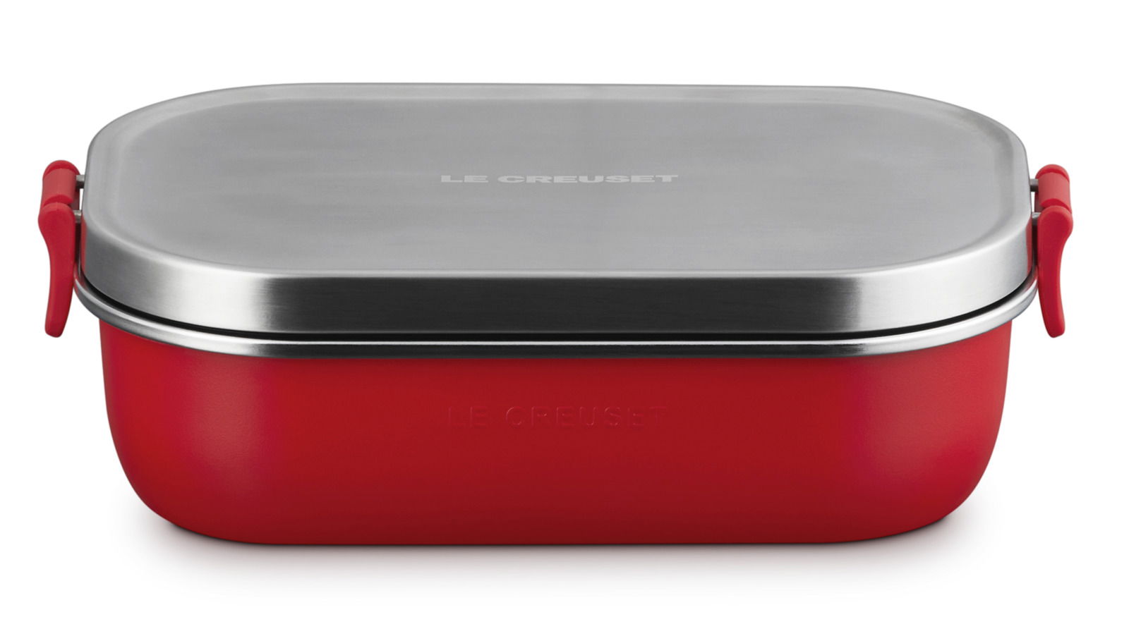 Rote Lunchbox mit Edelstahl-Deckel, seitliche Ansicht