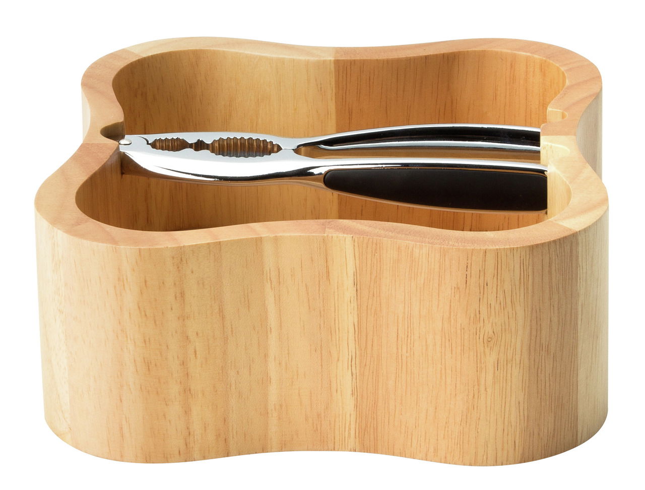 Holz-Nussschale mit integriertem Nussknacker, seitliche Perspektive