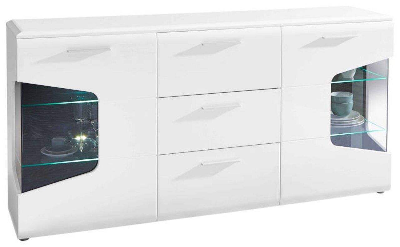 Weißes Sideboard mit sechs Schubladen und zwei Glaseinsätzen, seitliche Perspektive