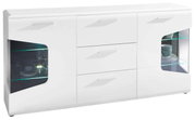 Weißes Sideboard mit sechs Schubladen und zwei Glaseinsätzen, seitliche Perspektive