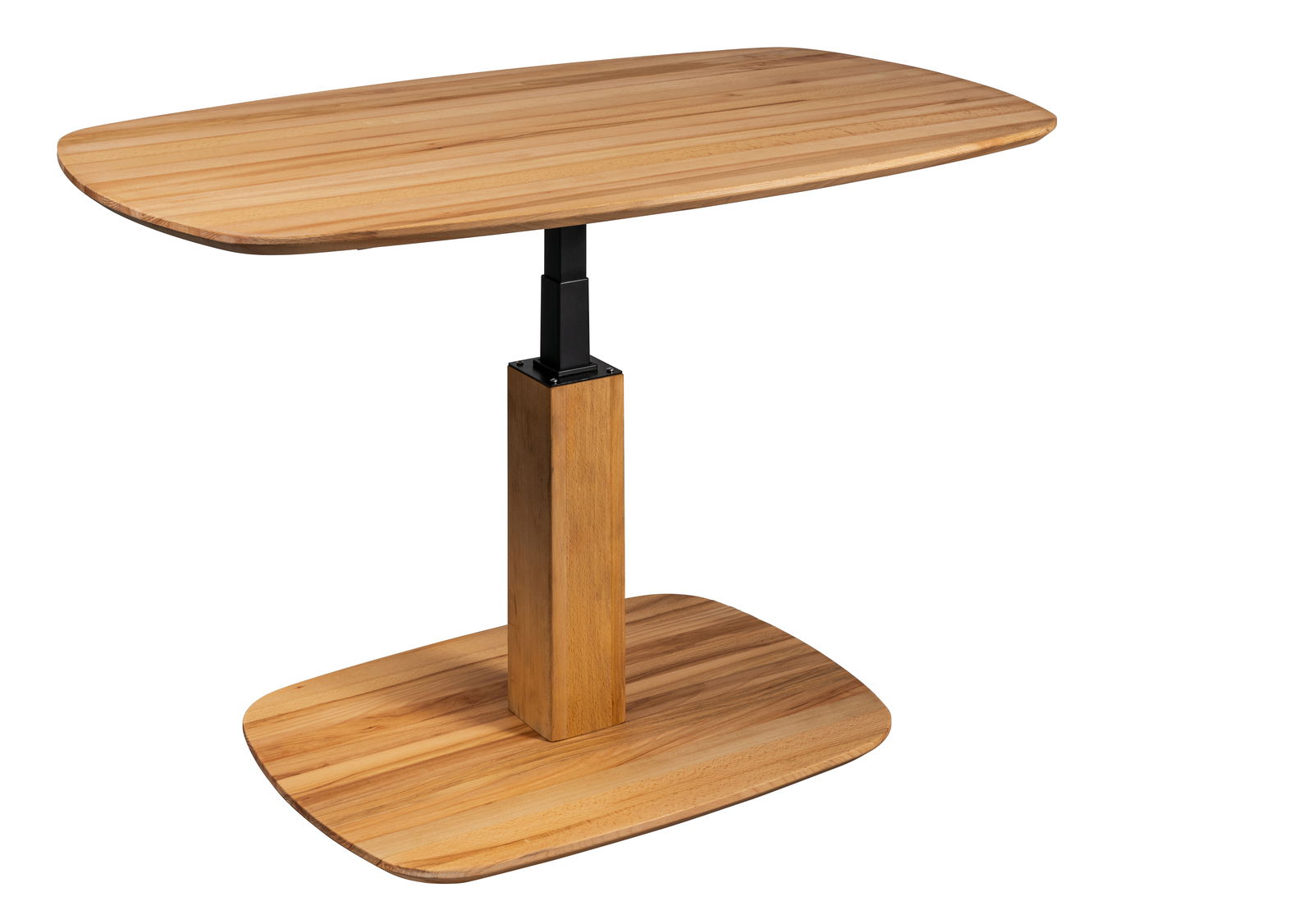 Moderner Couchtisch aus Holz mit rechteckiger Tischplatte und zentralem Standfuß, seitliche Perspektive