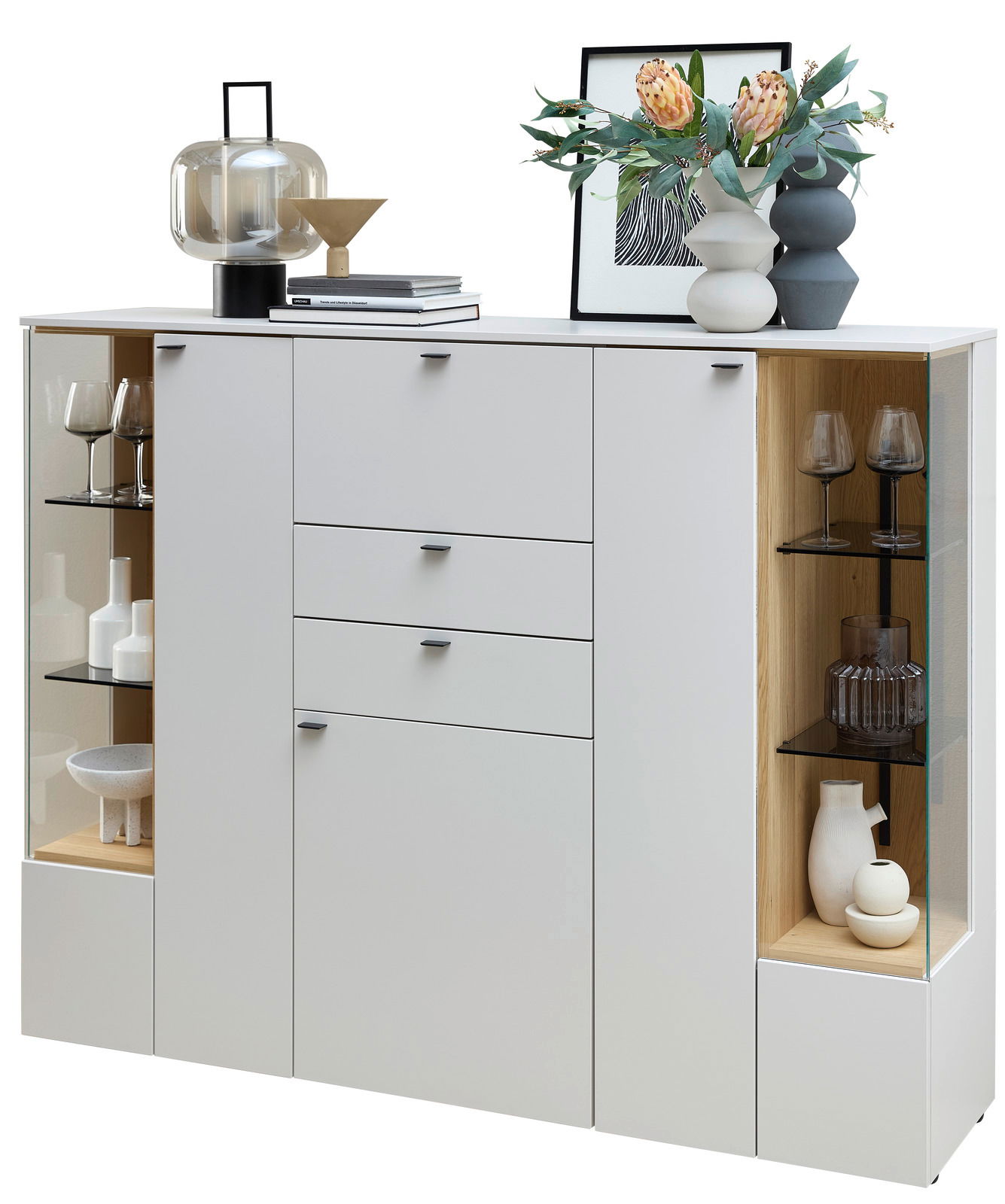 Venjakob Hoog dressoir VANYA Modernes Highboard Venjakob VANYA in Weiß mit Glasvitrinen und Dekorationen, Frontalansicht