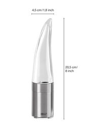 Chilischneider PEPE aus Edelstahl und Glas, seitliche Ansicht mit Abmessungen 20,5 cm hoch und 4,5 cm breit.