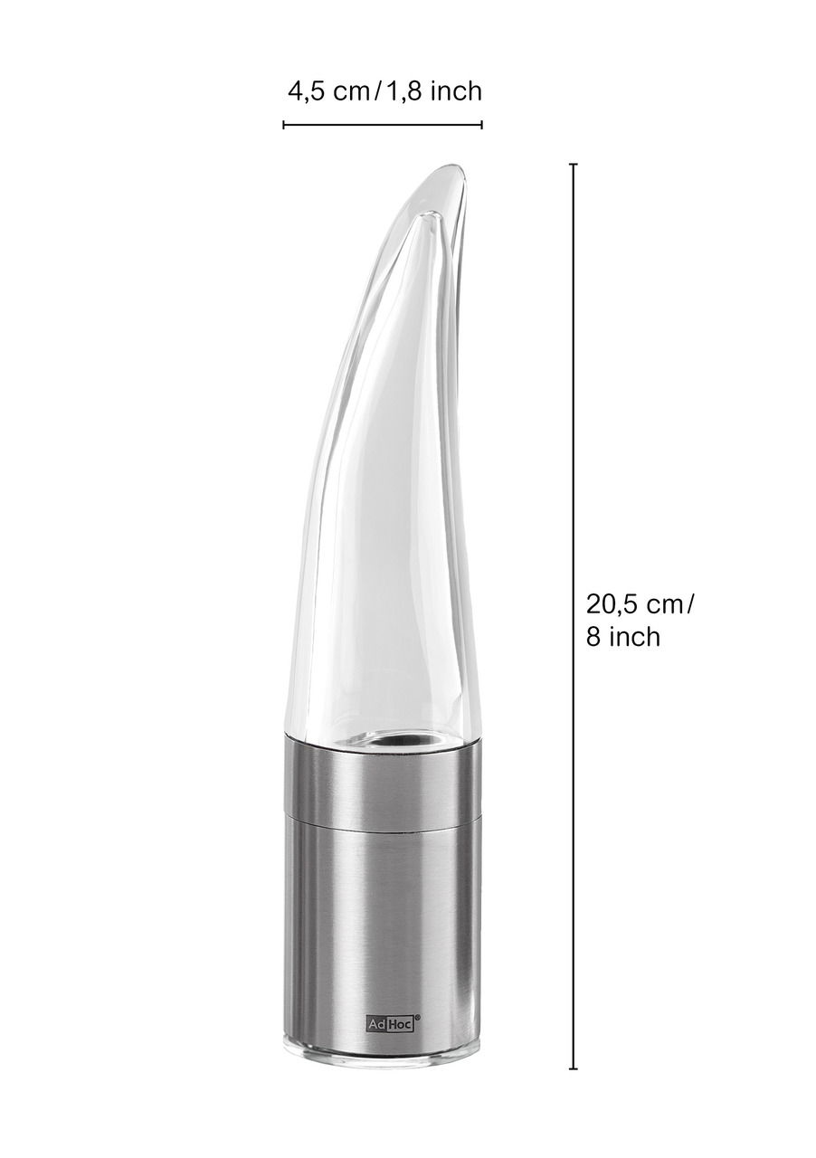 Chilischneider PEPE aus Edelstahl und Glas, seitliche Ansicht mit Abmessungen 20,5 cm hoch und 4,5 cm breit.