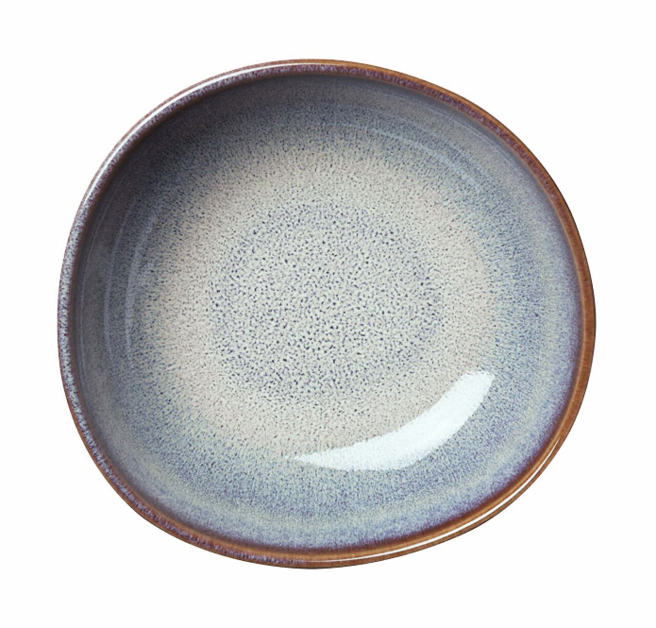 Obenansicht einer beige-blauen Müslischale mit gesprenkeltem Muster und braunem Rand.