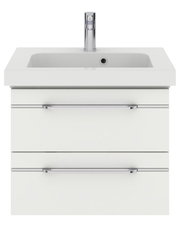 Moderner weißer Waschtisch mit zwei Schubladen und Chromarmaturen, Frontalansicht