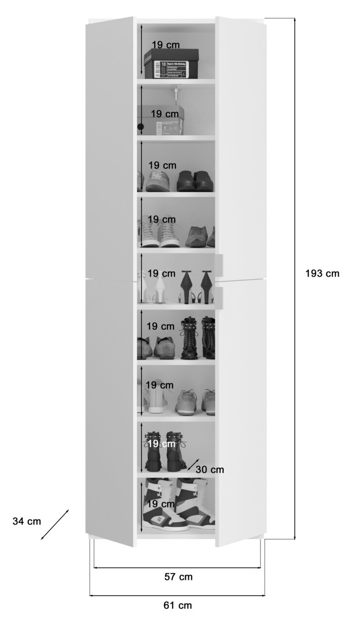 Garderobenkombination mit mehreren Regalfächern, gefüllt mit Schuhen und Boxen, in Frontalansicht. Maße: 193 cm hoch, 61 cm breit, 34 cm tief.