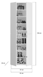 Garderobenkombination mit mehreren Regalfächern, gefüllt mit Schuhen und Boxen, in Frontalansicht. Maße: 193 cm hoch, 61 cm breit, 34 cm tief.