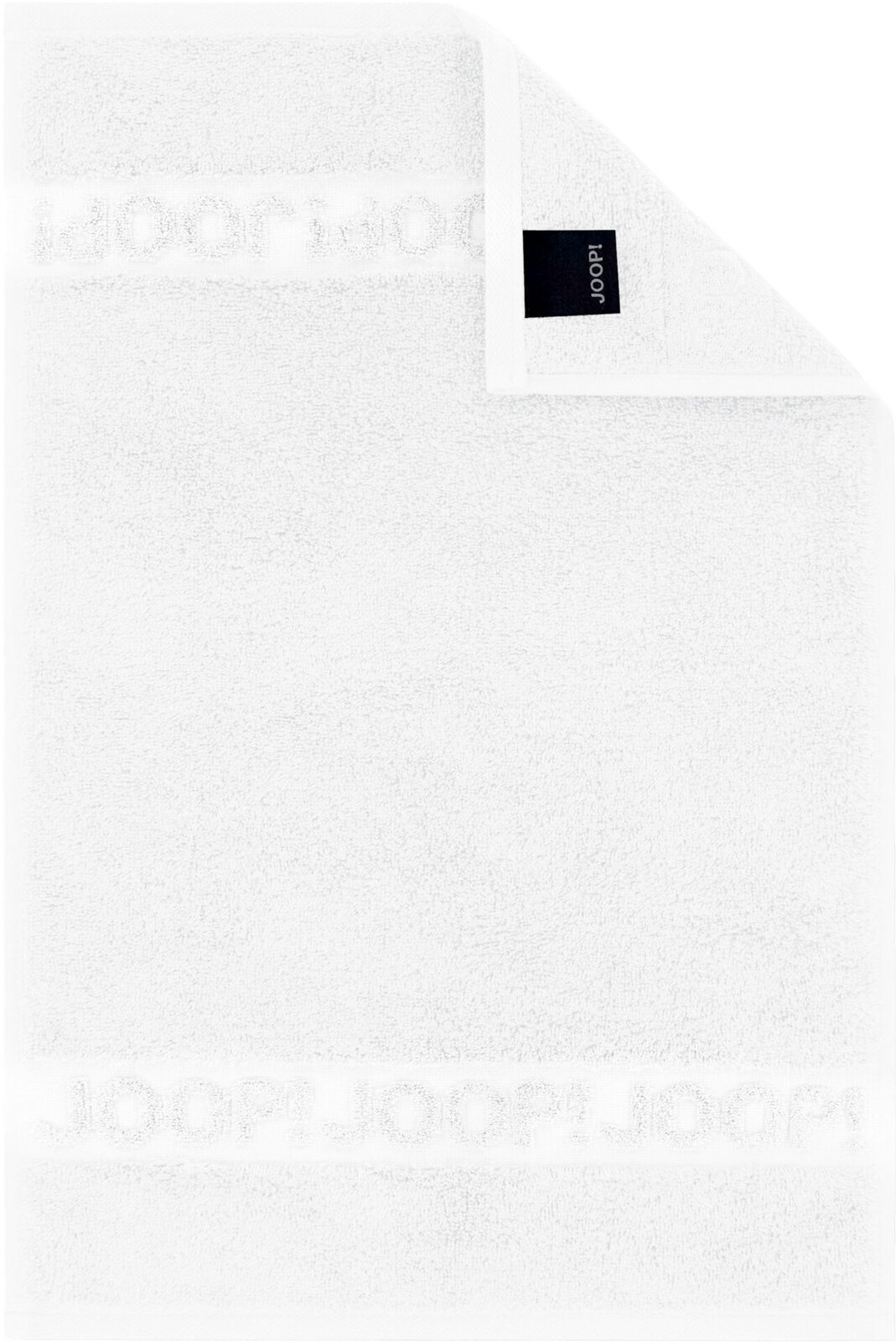 Weißes JOOP! Frottier-Handtuch mit eingewebtem Logo-Bordürenstreifen und schwarzem Markenlabel, flach ausgebreitet in Draufsicht