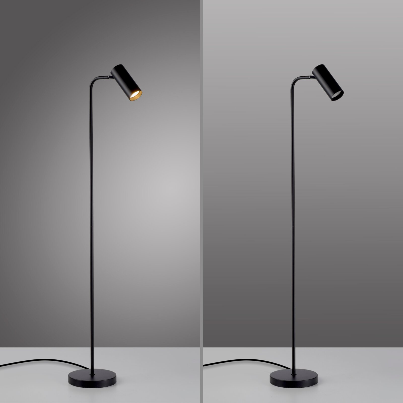 Schwarze, minimalistische Stehlampe mit zylindrischem Spotkopf und rundem Standfuß auf grauem Hintergrund, seitliche Frontansicht in zwei Varianten (links eingeschaltet, rechts ausgeschaltet).