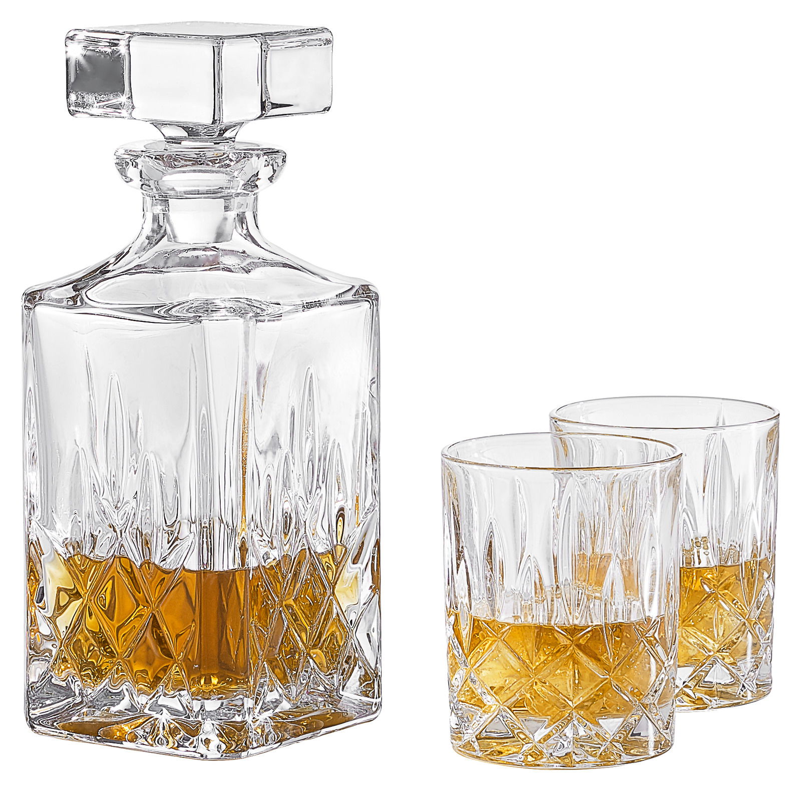 Kristallklares Whisky-Set bestehend aus einer Karaffe und zwei Gläsern, seitliche Perspektive