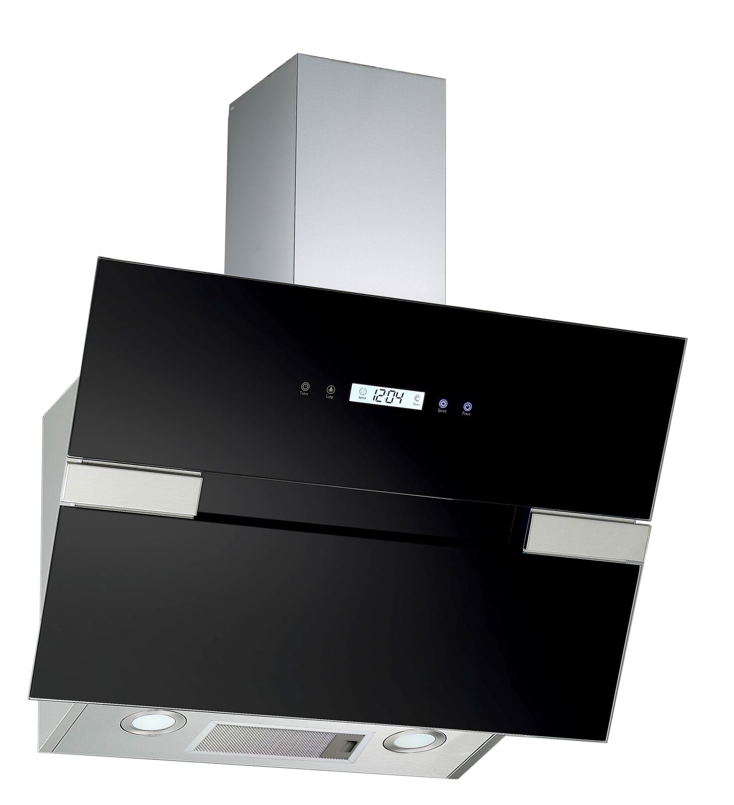 Schräg montierte Wand-Dunstabzugshaube in Schwarzglas mit Edelstahlkamin, LED-Beleuchtung und digitalem Bedienfeld, Ansicht schräg von vorn